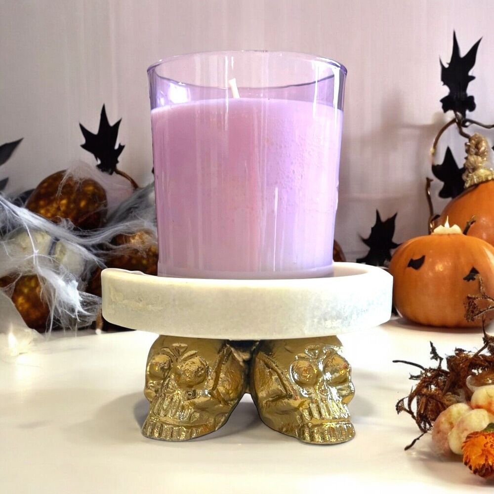 Brass Skulls And Natural Stone Marble Candle Holder Halloween Gothic NEW